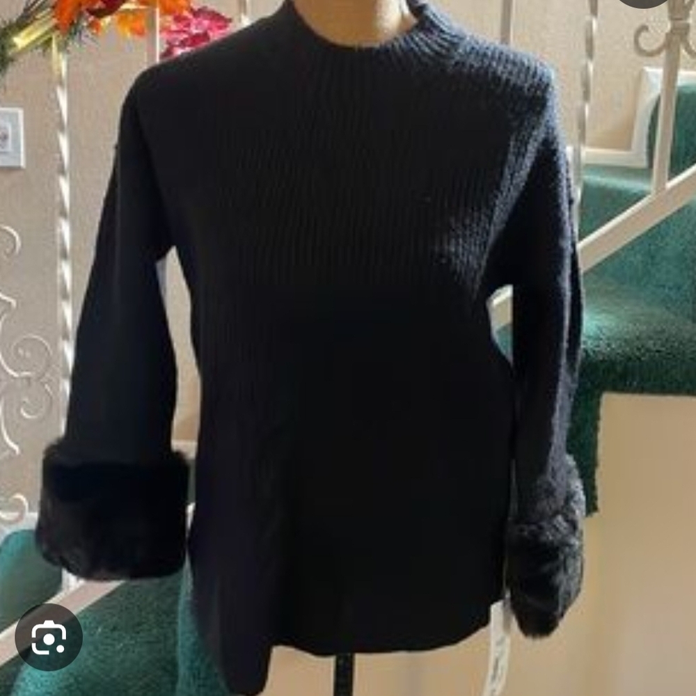 Elegant Black Sweater with Faux Fur Cuffs